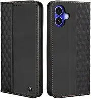 CXTCASE Case for iPhone 16, Shockproof PU Leather Flip Folio Cover with Card Slots, Magnetic Wallet Case for iPhone 16, Black