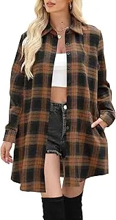 [Dookttker] Women's Button Down Flannel Shirts Plaid Shacket Long Sleeve Collared Long Jacket Coats