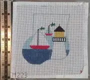 Kathy Schenkel OOP Mini Sock Sailboats Lighthouse Hand Painted Canvas CM223