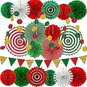 Christmas Party Decorations Paper Fans,Garlands String Circle Dot,Triangle Bunting Flags, Honeycomb Ball,Paper Tissue Pom Poms,Party Supplies for Christmas Birthday Wedding Baby Shower