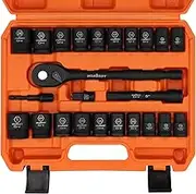 HORUSDY 24-Piece 1/2" Drive Impact Socket Set, Shallow Standard SAE (7/16"-1") and Metric (13-24mm) Size, 6 Point, Cr-V, with 1/2-Inch Drive Ratchet Handle, Drive Extension Bar
