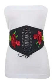 Women Black Denim High Waist Corset Elastic Band Belt Red Rose Flower Size S M