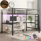 Metal Full XL Size Loft Bed with Power Outlet and LED Lighted, Space-Saving
