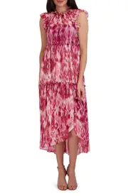 Julia Jordan Ikat Print Tiered Midi Dress in Pink Multi at Nordstrom, Size 2