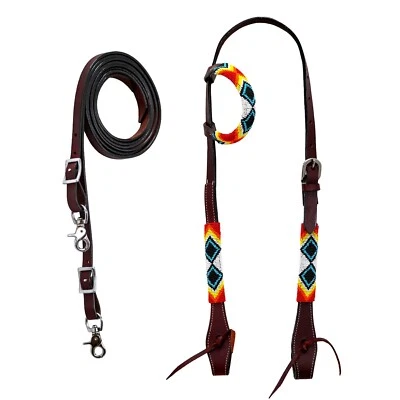 western Leather Equestrian Tooled Beaded Headstall,Breast Collar & Reins. (H069)