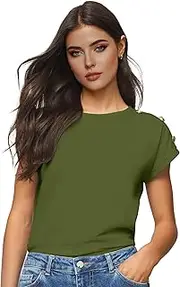 [GRECERELLE] Women's Crew Neck T-Shirt Short Sleeve Summer Elegant Tops Casual Tee Shirts with Shoulder Buttons, Army Green, XL