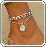 [Cybche] Vintage Layered Coin Ankle Bracelet Gold Chunky Cuban Link Chain Cooker Portrait Locket Pendant Suchlet Summer Beach Layered Disc Anklet Hip Hop Jewellery for Women