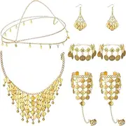 [Inbagi] Belly Dance Jewelry Set Women Belly Dance Gold Sequins Head Chain Coins Necklace Earrings Bracelets Bohemian Tassel Anklet Chain Hand Ring Bracelet Anklet Coin Veil Necklace, Metal, No Gemstone