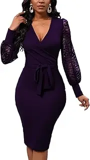[WanMem] Semi Formal Church Dresses for Women Long Lace Sleeve Sexy V Neck Bodycon Cocktail Midi Dresses