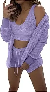 [Generic] Women's Short Summer 3-Piece Pyjama Set with Spaghetti Straps Top and Sleep Shorts Fleece Jacket Sexy Pyjamas Women Winter Sleepwear Elegant Sleepwear Loungewear, purple, X-Large