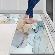 MAYHMYO Kitchen Rugs and Mats Set of 2 Blue Marble Anti Fatigue Mat PVC Non Slip Golden Kitchen Mats for Floor Bathroom Desk Runner Laundry