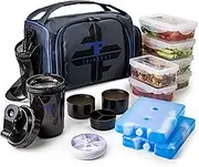 ThinkFit Insulated Meal Prep Lunch Box with 6 Food Portion Control Containers - BPA-Free, Reusable, Microwavable, Freezer Safe - with Shaker Cup, Pill Organizer, Shoulder Strap & Storage Pocket Blue