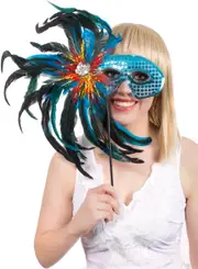 Carnival Flat Feather Blue Hand-Held Masquerade Mask
