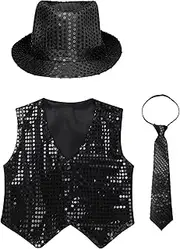 [Lejafay] Kids Boys Girls Sparkly Sequins Hip Hop Jazz Dance Waistcoat Vest with Necktie and Fedora Hat