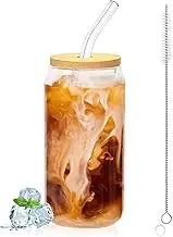 Drinking Glasses with lid and Straw, 16 oz/450 ml can-Shaped Glass Cups, iced Coffee Glasses, Cocktail Glasses, Long Drink Glasses, Glass Cup Set for Milkshakes, juices, Smoothies, Whisky,