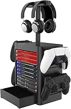 NCONCO Game Storage Tower Stand for PS5, PS5 Handle Headset Multifunctional Storage Rack Tower Can Hold 10 Game Discs, 4 Controllers, 2 Headsets etc, Compatible with PS5/PS4/Xbox One/Switch Game