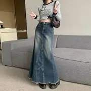 High Waist Washed Fray Maxi Mermaid Denim Skirt Blue - L