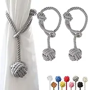 OCIOLI 2 Pieces Curtain Tiebacks Curtain Holdbacks Curtain Ties with Big Woven Ball Outdoor Curtain Tiebacks Cotton Hand Woven Curtain Rope tiebacks Decorative Tie Backs for Drapes (Grey, 2)