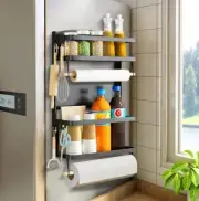 Magnetic Spice Rack Refrigerator Shelf With 2 Paper Towel Holder And 5 Hooks