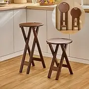 17in 24in Folding Tall Stool Bamboo with Handle Round Cushioned Bar Stool Portable Collapsible Kitchen Chair with Non-Slip Feet Pads for Adults(43cm/17in)