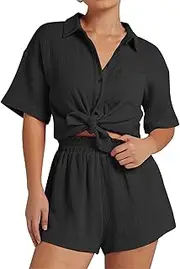 [Kissonic] Women's 2 Piece Outfits Track Suits Matching Sets Loungewear for Vacation Button Down Shirt and Shorts Set
