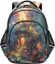[RPLIFE] Vibrant Fairy House 15 Inch Backpack for School Boys Girls, Elementary School Backpack