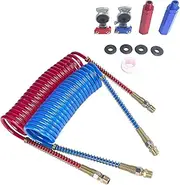 15 FT Air Brake Line Hose Coil Assembly with Glad Hands &Rubber Seals & Grips for Semi Truck Air Line Blue & Red Trailer Hoses 1/2" NPT Fittings with 12" leads