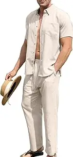 [URRU] Men’s 2 Piece Linen Outfit Summer Beach Short Sleeve Button Down Shirt and Pants Set, Khaki, Small