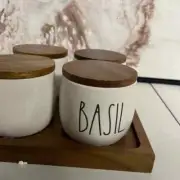 Rae Dunn Spice Jars Set of 4 and plate wooden