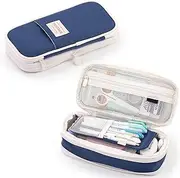 Canvas Checkered Pencil Case with Zippers, Large Pencil and Stationery Storage Bag for Male and Female Students Dark Blue
