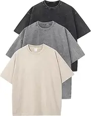 [Flygo] 3 Pack Men Oversized T Shirts Acid Washed Unisex Tee Loose Fit Short Sleeve Casual Streetwear Baggy Basic Tops