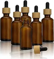 COSIDEA 6pcs Empty Round 50ml 1.67oz amber Glass oil dropper bottle for Serum essence oil bottles with bamboo cap, Black tip, 1.7 Ounces