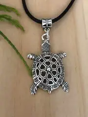 Turtle~Tortoise Pendant Charm on Black Synthetic Leather Necklace 17"~2mm thick
