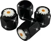 Daisy Flower Tire Valve Stem Caps Cover, 4 Pcs Metal Black Air Valve Cap, Aluminum Car Wheel Stem Caps, Universal Stem Covers for Cars, Trucks, Bikes, Motorcycles, Bicycles, Corrosion Resistant