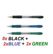 Pilot Supergrip FINE tip Ballpoint pen 0.7mm - 8x BLACK + 2x BLUE +2x GREEN