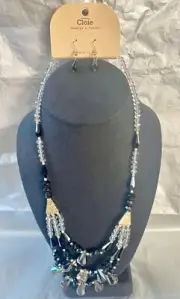Necklace & Earring Set by Cloie w/Faceted Black Clear Aurora Borealis Beads 23"