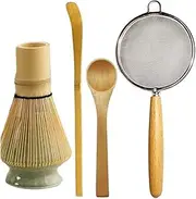 Roczential Tea Ceremony Premium Matcha Whisk Set 5 Pieces with Bamboo Whisk (Tea Whisk), Spoon, Soup Tablespoon and Steel Sieve Authentic Traditional Tea Set Classic Green Design