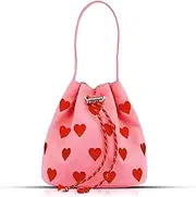 [QTKJ] Canvas Tote Bag, Crossbody Bags for Women, Pink Heart Embroidery Drawstring Bucket Bag, Cute Small Handbags, Shoulder Bag Suitable for Vacation, Travel, Daily, Pink