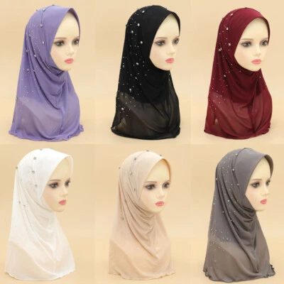Rhinestone Chiffon Hijab Amira Scarf Women Muslim Head Wrap Headscarf Shawls New