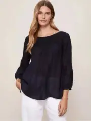 The White Company Linen Blouse UK 18 Womens Blue Gauze Pintuck Top 25 1/2" P2P