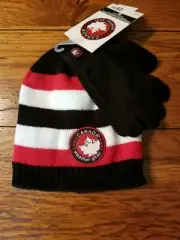 NWT Boys Canada Weather Gear Striped Beanie Hat Glove Set Black Red White OS