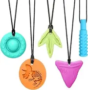 Chew Necklaces for Adults and Babies - Triceratops 5 Piece Set, BPA-Free Silicone Sensory Chew Necklaces for Anxiety Relief, Easy to Hold, with Massage Blocks to Relieve Teething Pain