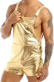 [Miutii] Mens Shiny Leather Metallic Shorts Dungarees Suspender Hot Pants Spandex Leotard Bodysuit