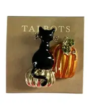 Talbots Scarf Lapel Pin Brooch Black Cat Pumpkin Halloween Gold Accents Whiskers