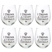 6PK Tallulah Stemless Wine Glass Tumbler Party Drinkware I Drink Know Clear