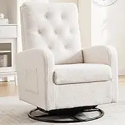 Swivel Rocking Chair Nursery - White Glider Modern Accent Chairs Teddy Rocker Padded Armchair for Indoor Living Room Bedroom