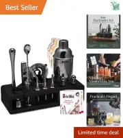 23-Pc Black Bartender Kit - Stainless Steel Cocktail Shaker Set in Bamboo Stand