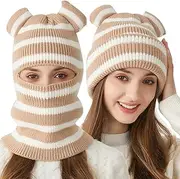 [eYourlife2012] Winter Crochet Ski Mask Hood Beanie Hat Cap with Horns Striped One-Piece Knit Full Face Balaclava Beanie Hat