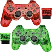 Doueuain Wireless Controller for PS2, 2 Pack 2.4G Dual Vibration Gamepad Joystick Compatible for Play station 2, Ps-2 Game Remote with Wireless Receivers（Clear Red and Clear Green）