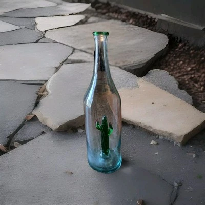 Hand Blown Art Glass Bottle With Decorative cactus